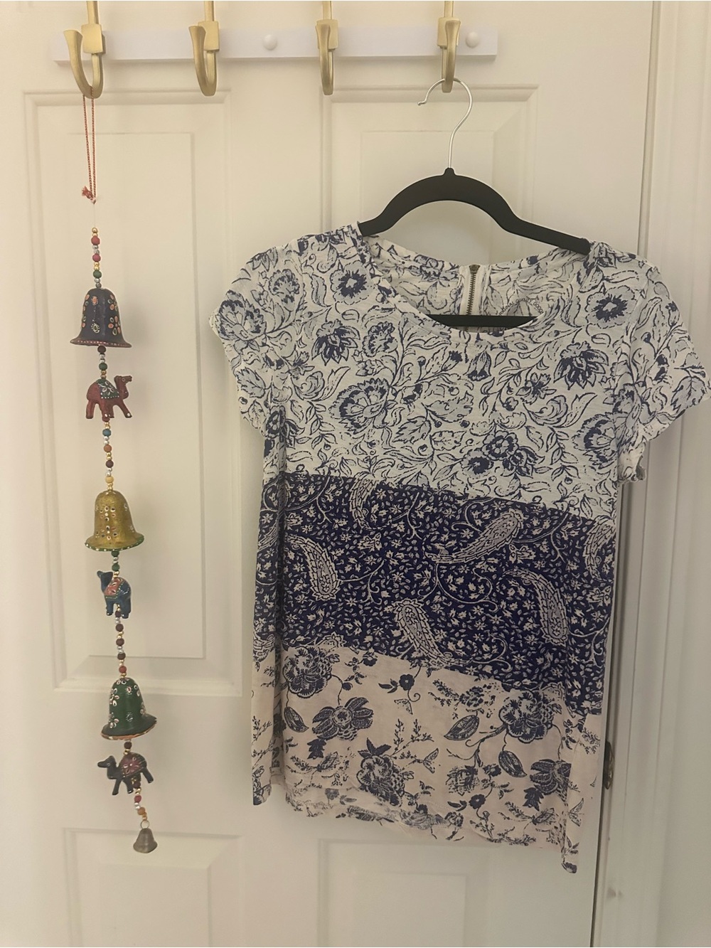 Lucky Brand Blue and White Floral Block-Print Short Sleeve Tunic